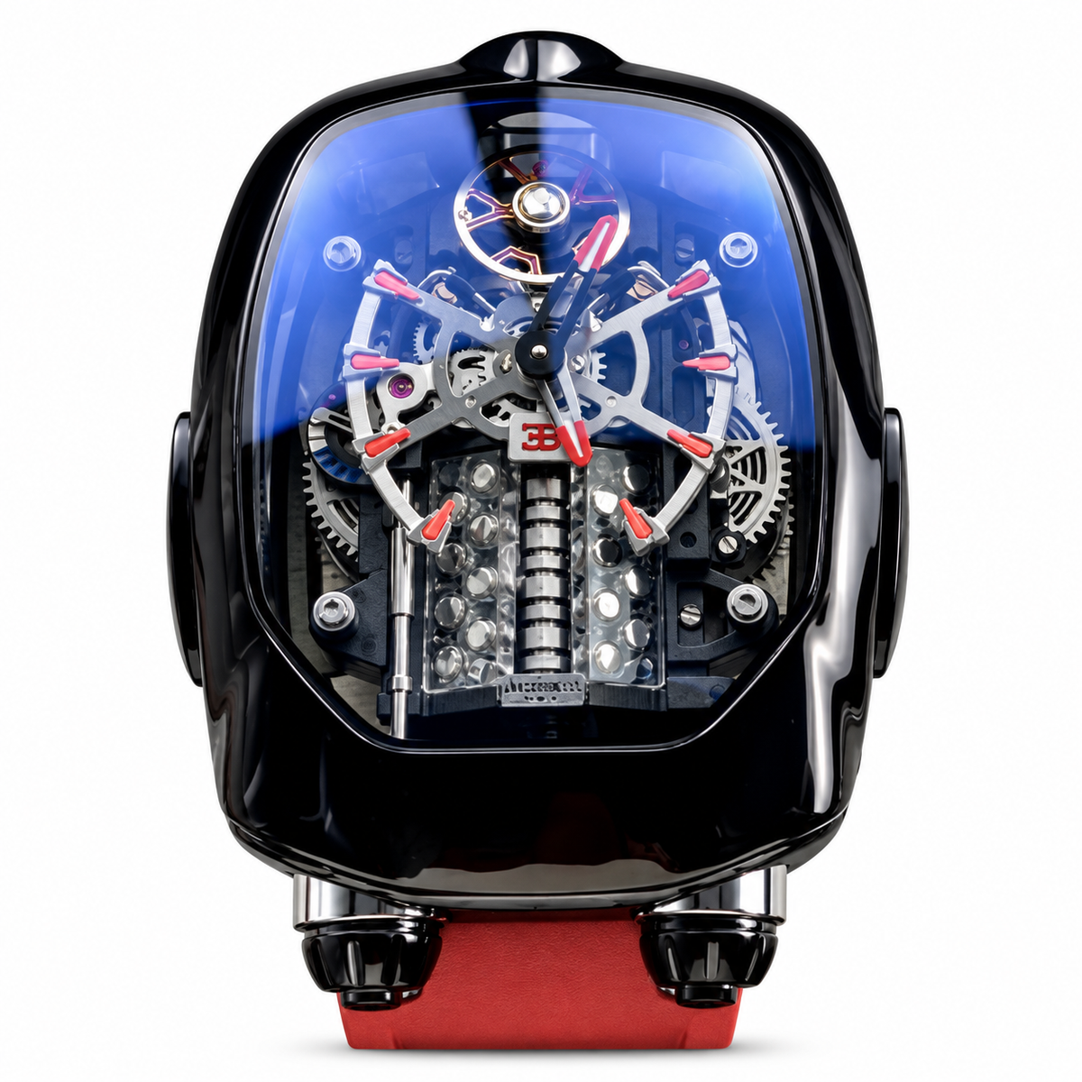 Jacob & Co. x Bugatti Twin Turbo Furious Black DLC Titanium 16-Cylinder Engine Tourbillon Blue Sapphire Dome Red Rubber Watch