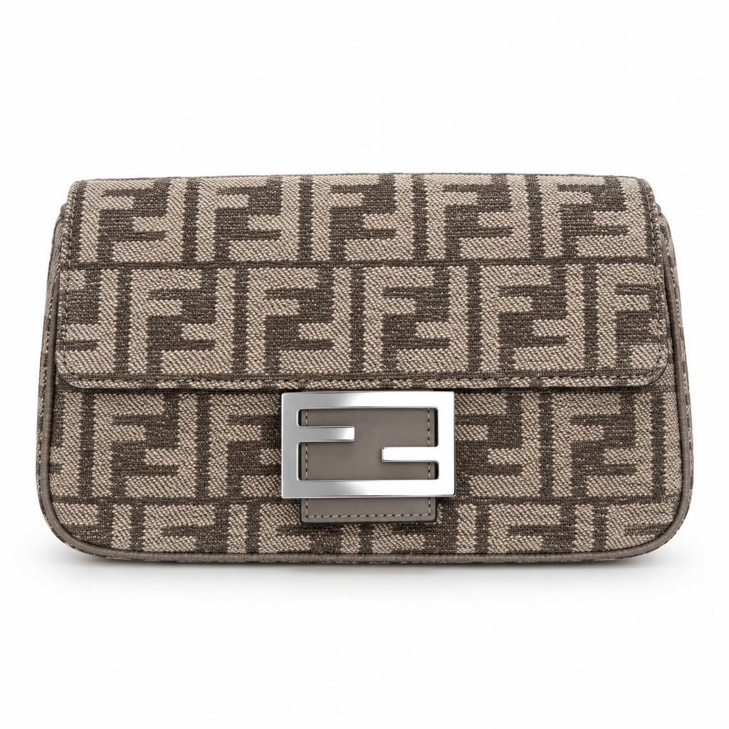 Fendi FF Shoulder Bag – Jacquard Canvas & Leather Trim, Flap Closure, 24cm