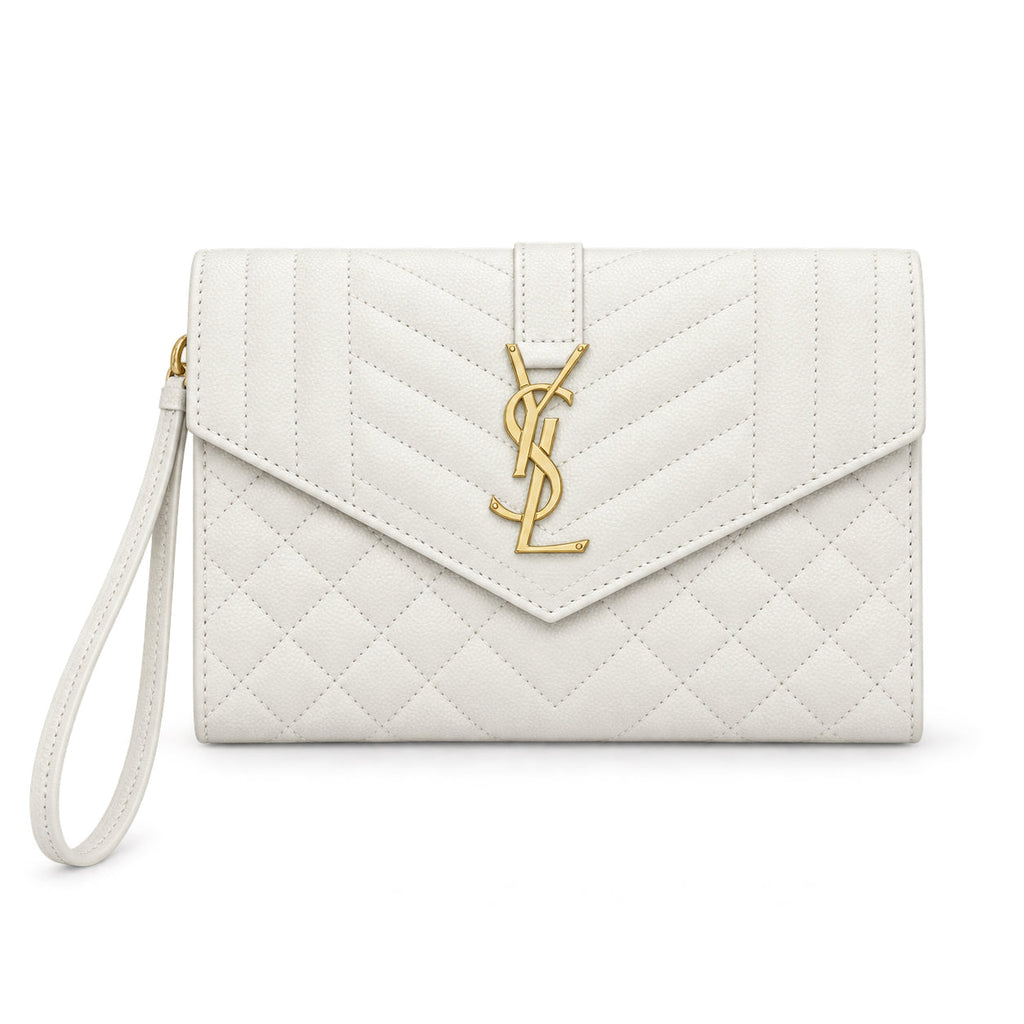 YSL Saint Laurent Envelope Clutch White Quilted Leather Gold YSL Monogram Wrist Strap