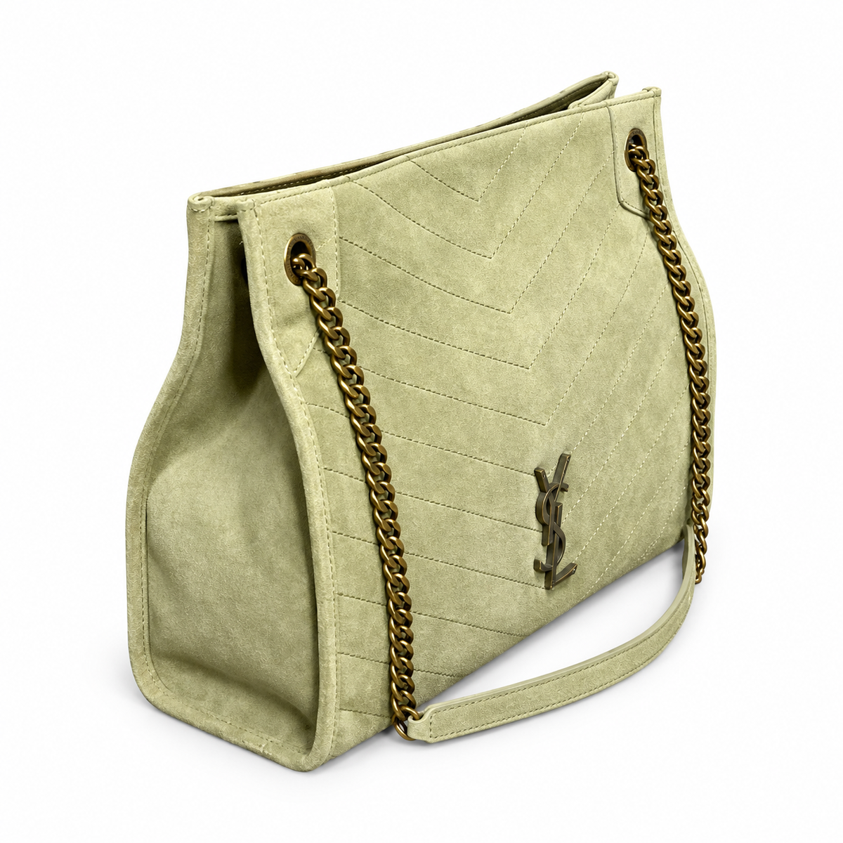YSL Niki Chevron Quilted Suede Tote Bag Light Green
