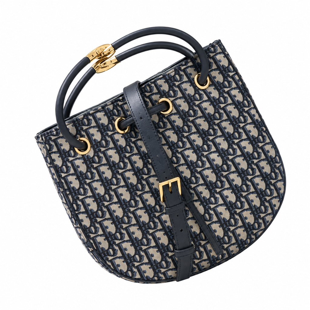 Dior Navy Oblique Jacquard Drawstring Bucket Bag