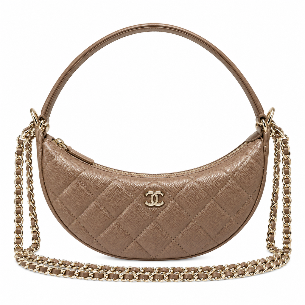 Chanel Taupe Quilted Caviar Half Moon Bag with Chain