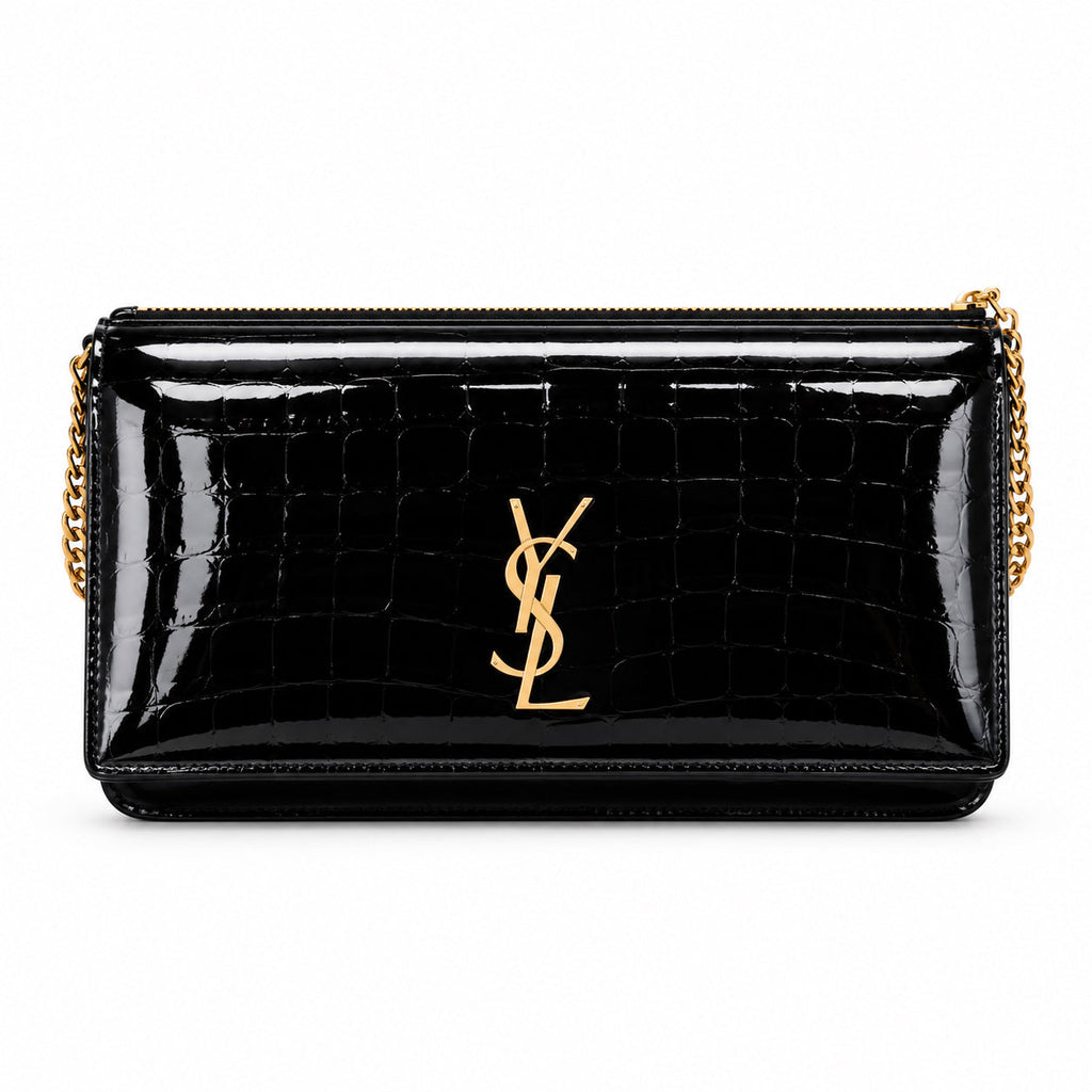 Saint Laurent Manhattan Chain Wallet Bag in Black Patent Crocodile-Embossed Leather