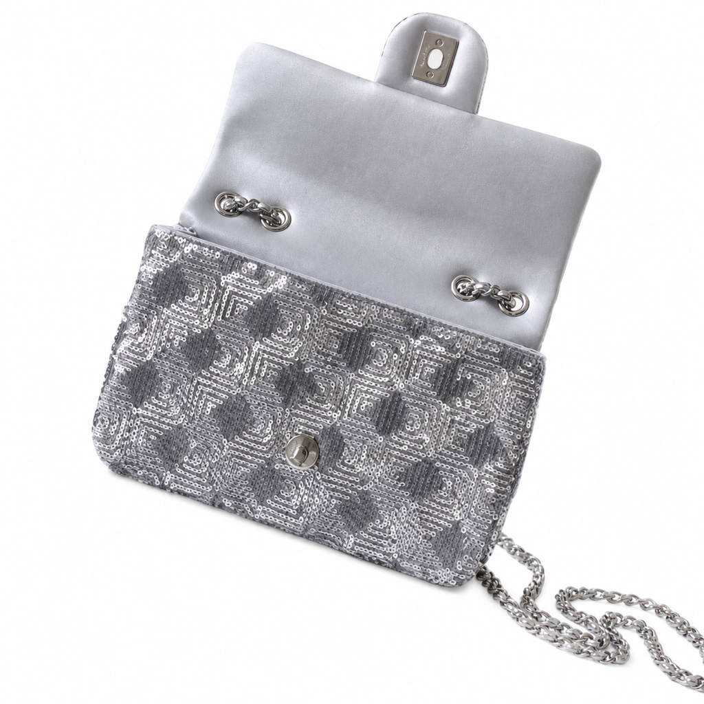 Chanel Silver Labyrinth Sequin Classic Flap Bag with Silver Chain