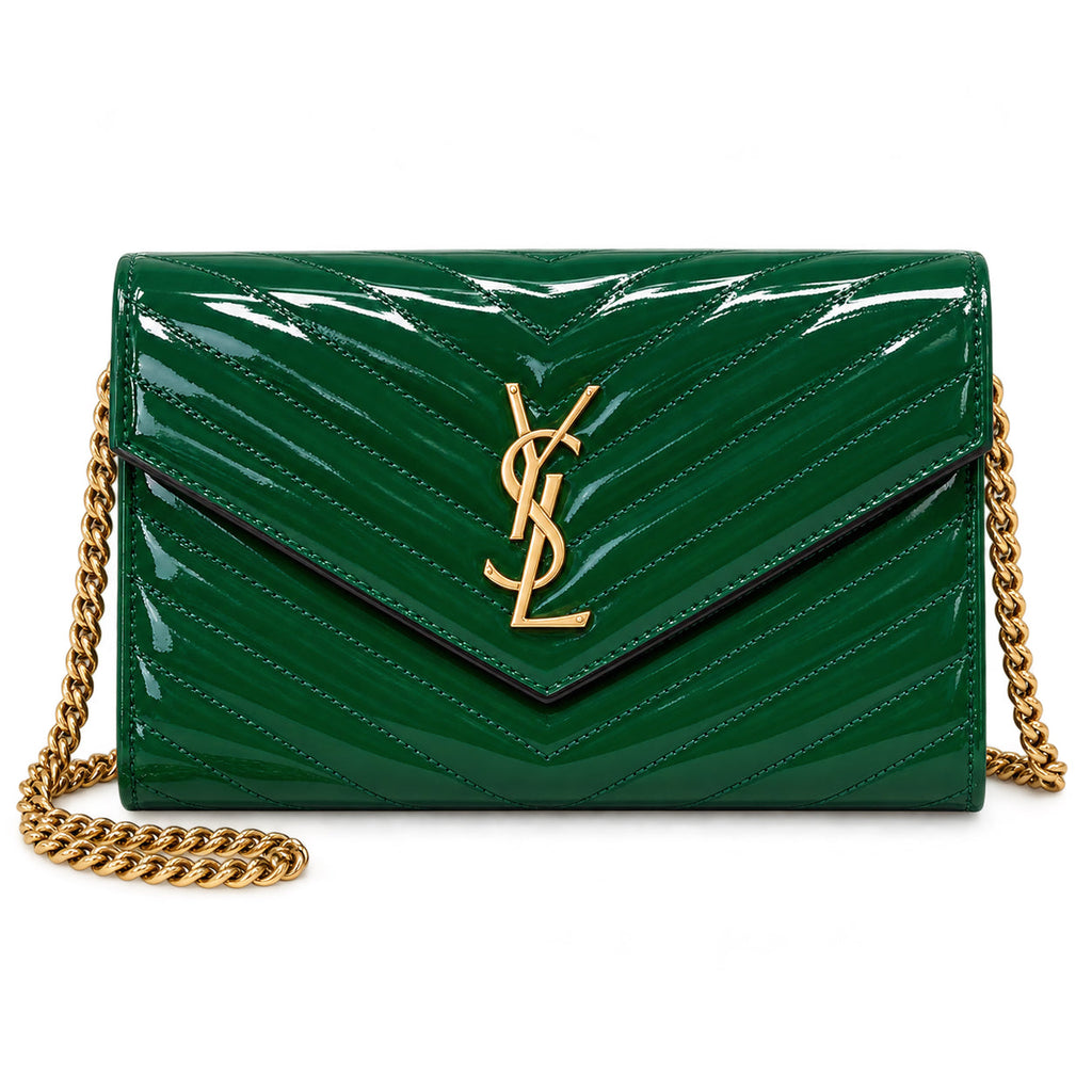 Saint Laurent Monogram Envelope chain bag in emerald green patent quilted leather with antique gold YSL monogram