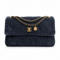 Chanel Quilted Navy Denim Flap Bag with Gold CC Lock and Charm