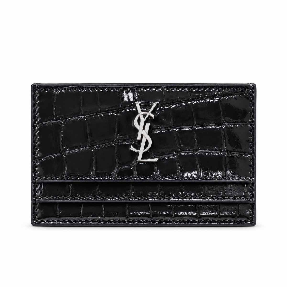 YSL Cassandre Card Holder Black Croc Embossed Patent Leather Silver Logo Saint Laurent