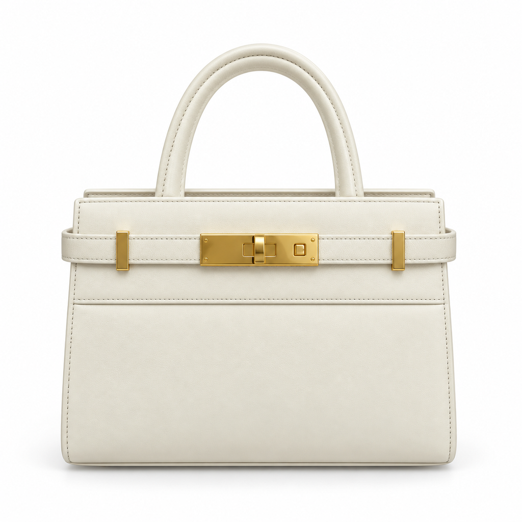 YSL Saint Laurent Manhattan Mini Bag Cream Smooth Leather Gold Square Turn Lock Rolled Top Handles Belt Strap