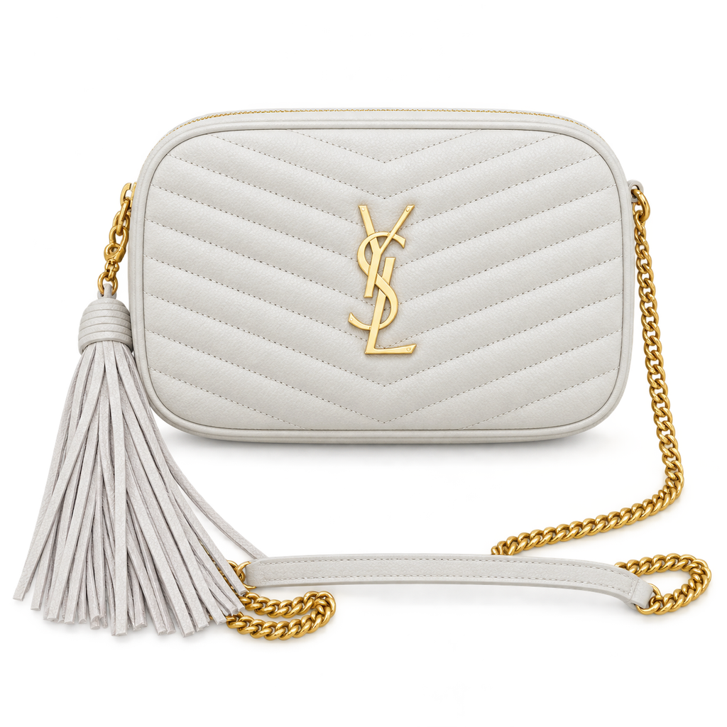YSL Saint Laurent Lou Camera Bag Cream Matelasse Chevron Leather Gold YSL Monogram Cream Leather Tassel Gold Chain Strap