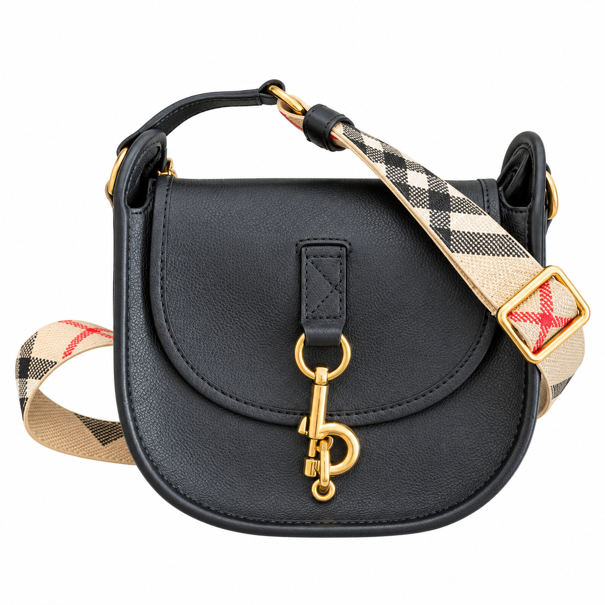 Burberry Black Saddle Bag with Check Strap