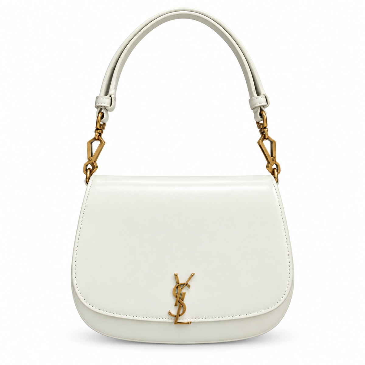 Saint Laurent YSL Voltaire structured saddle flap shoulder bag in white smooth calfskin leather with geometric antique gold hardware and YSL monogram
