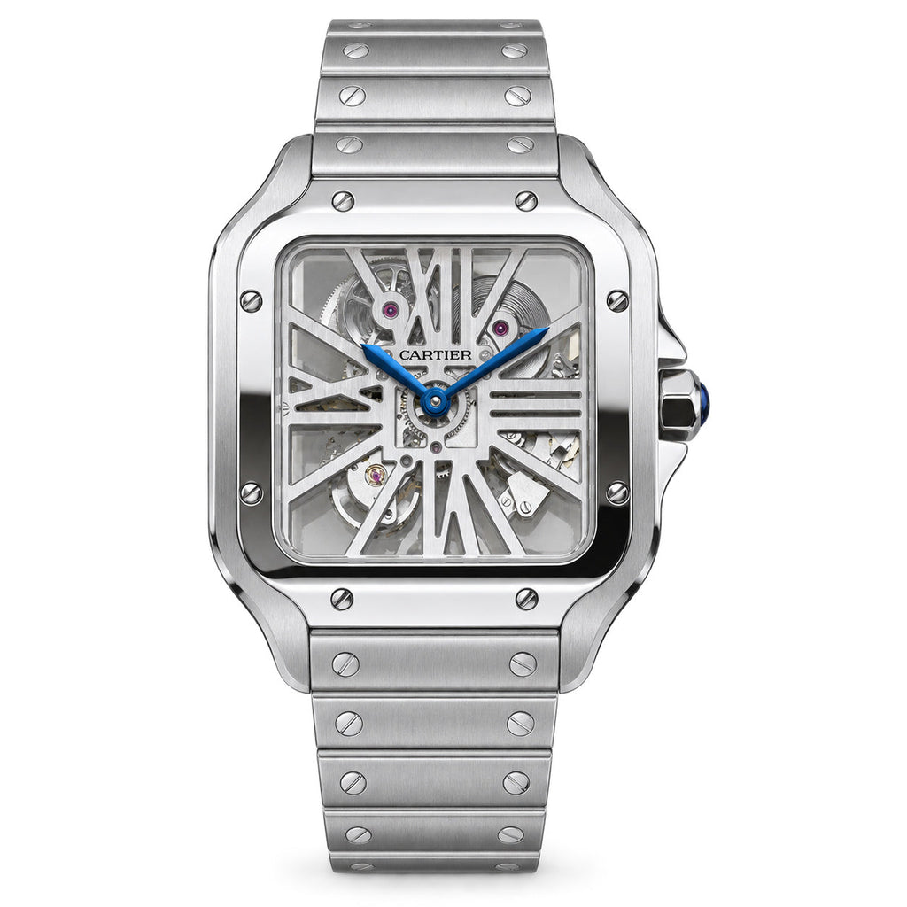 Cartier Santos de Cartier Large Stainless Steel Skeleton Silver Roman Numeral Steel Bracelet Automatic Watch