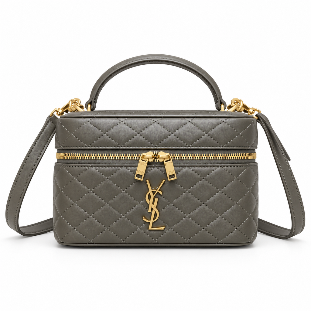YSL Saint Laurent Quilted Vanity Case Bag Khaki