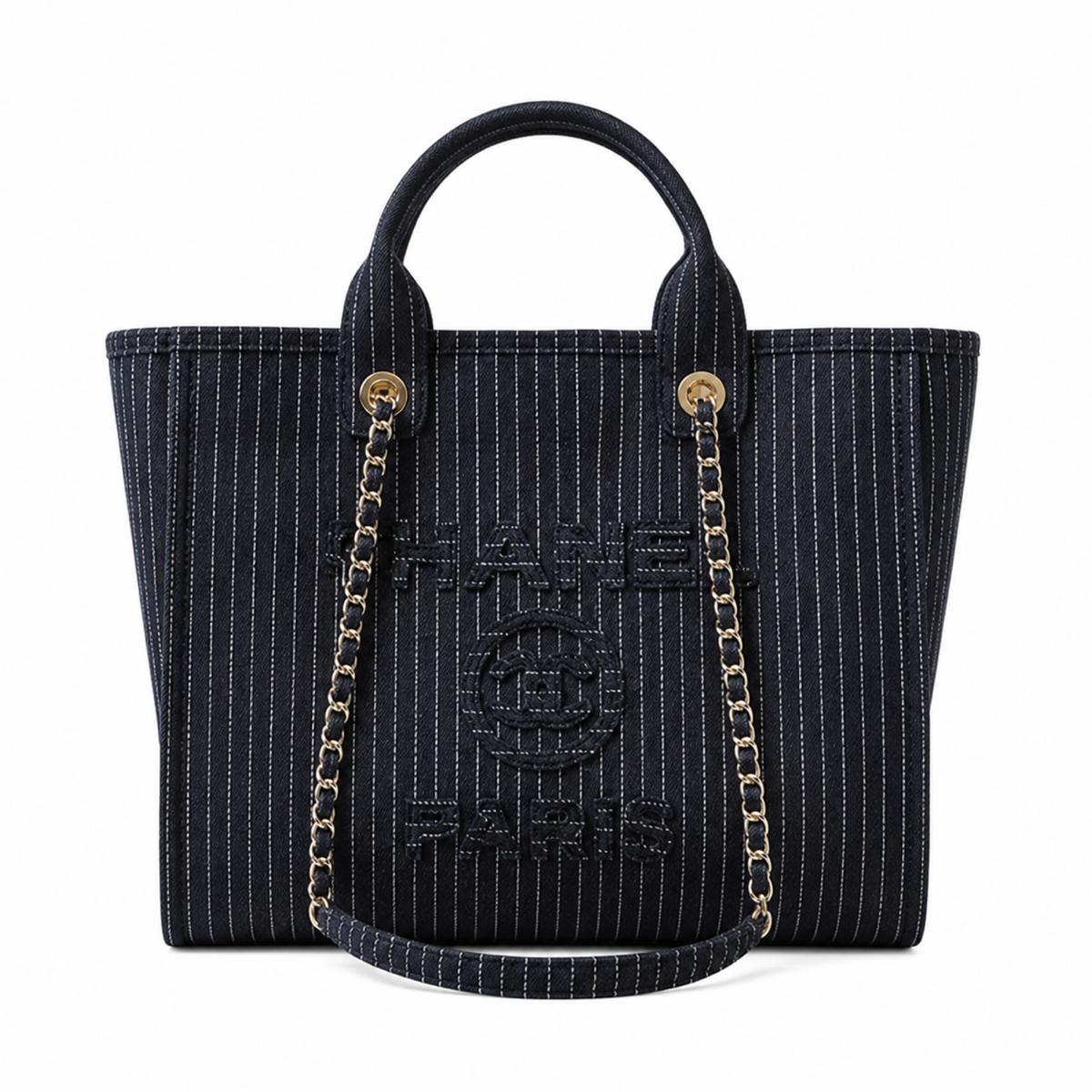Chanel Black Pinstripe Chain Tote Bag