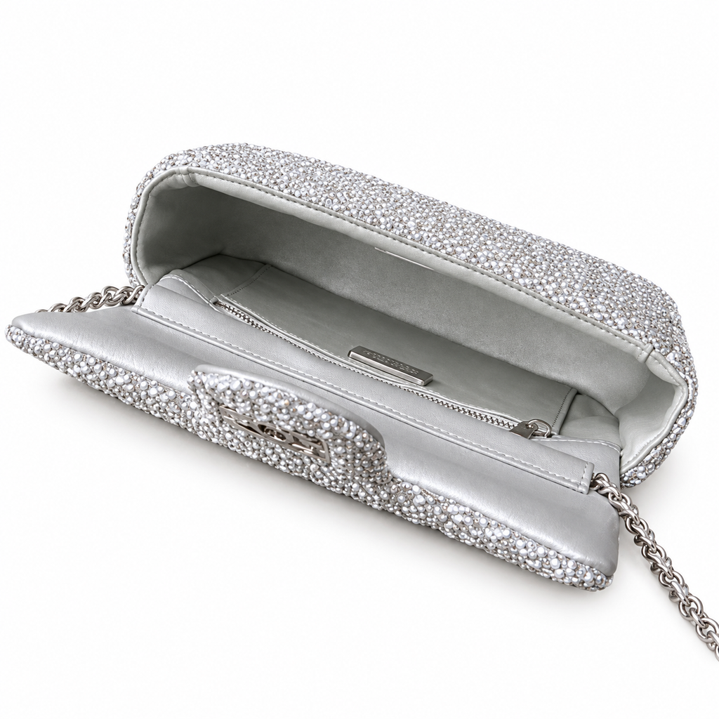 Chanel Silver Crystal Evening Clutch with Chain