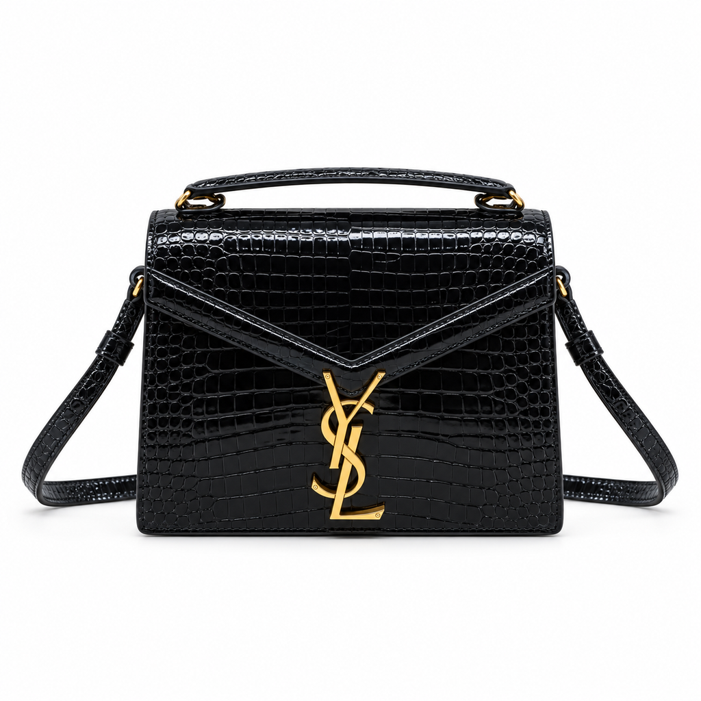 YSL Cassandra Bag Black Croc Embossed Patent Leather Gold Top Handle Saint Laurent