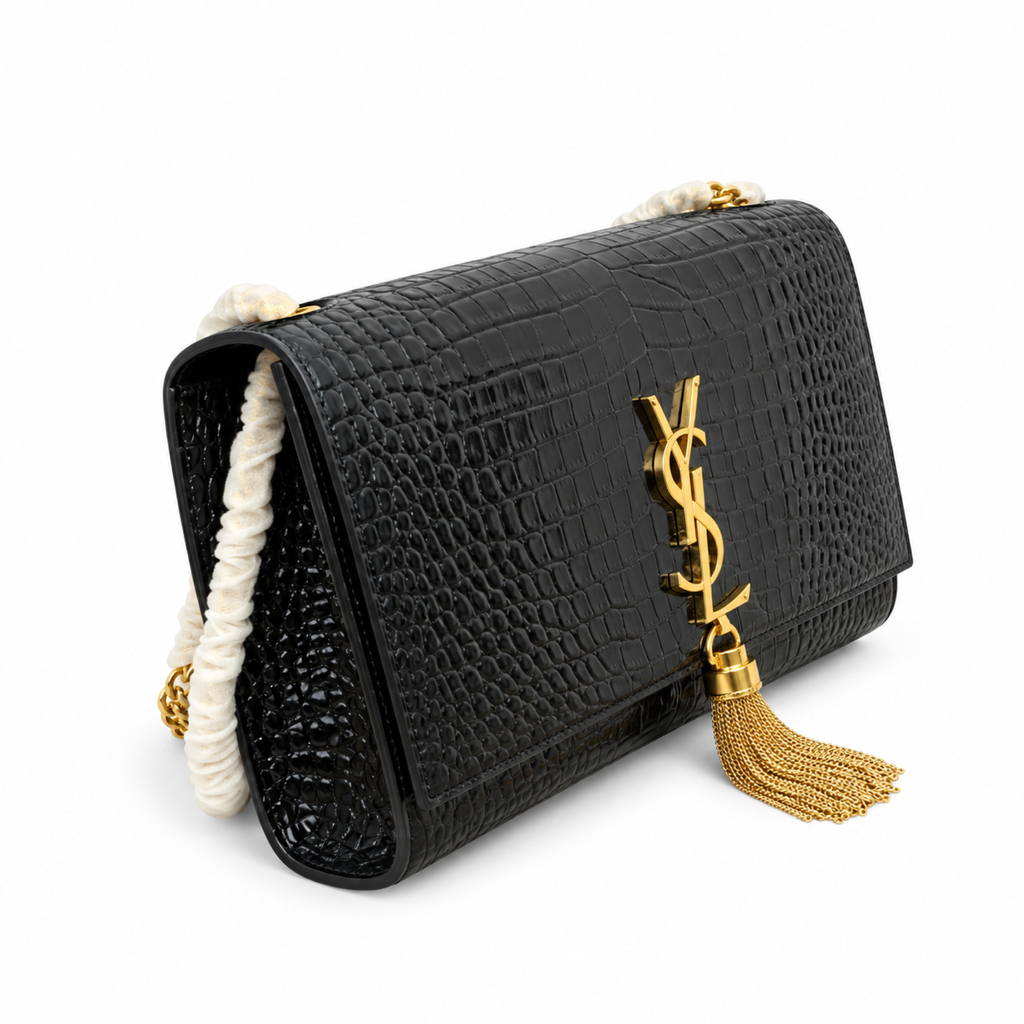 YSL Saint Laurent Kate Chain Bag in Black Croc-Embossed Leather with Tassel