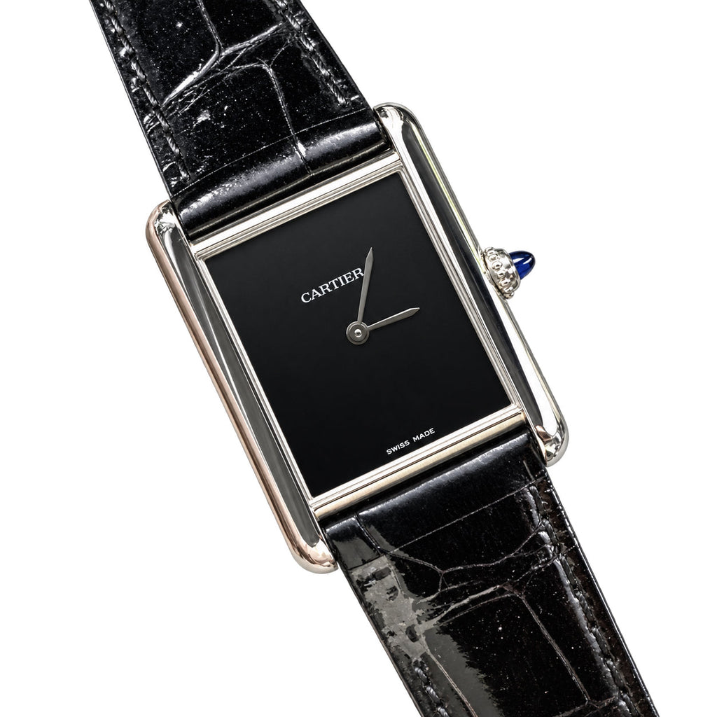 Cartier Tank Must Large — Steel, Black Lacquer Dial, No Numerals & Black Alligator Strap, Quartz