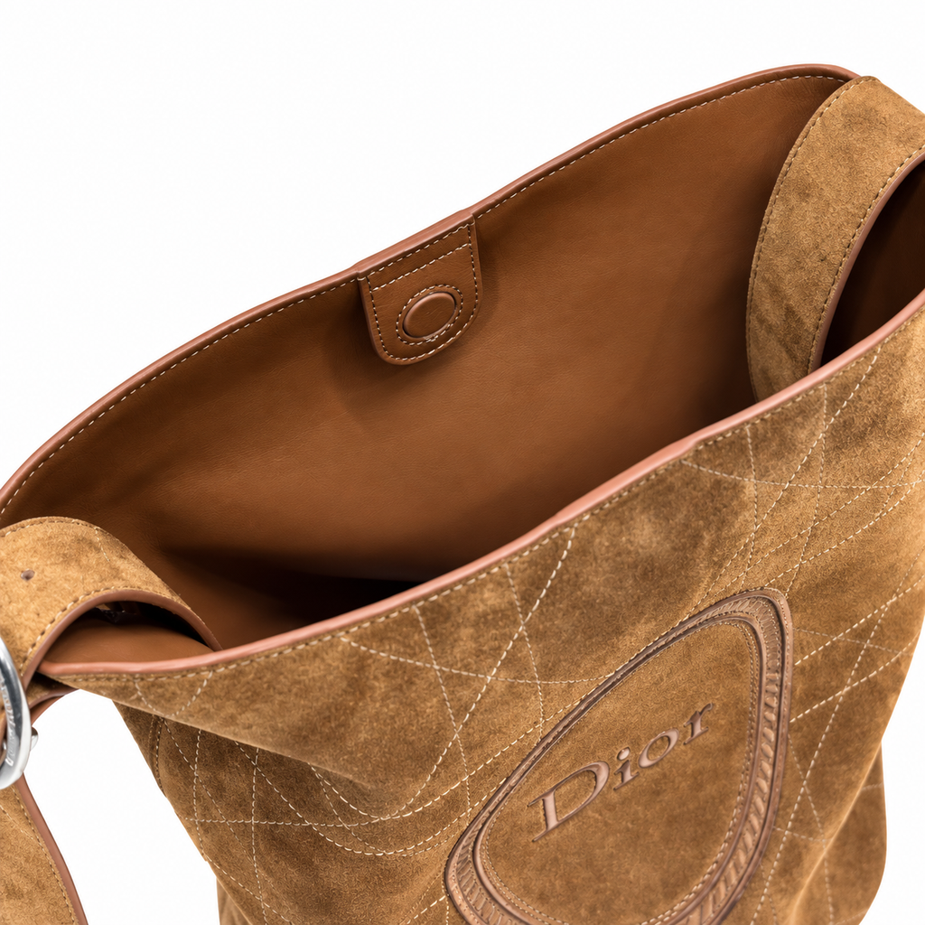 Dior Cannage Quilted Suede Large Hobo Shoulder Bag in Caramel Brown