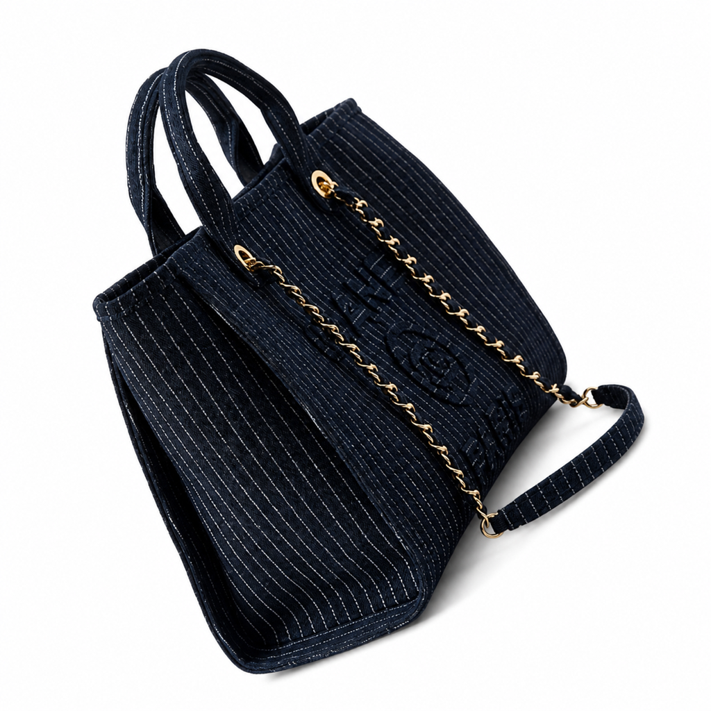 Chanel Black Pinstripe Chain Tote Bag