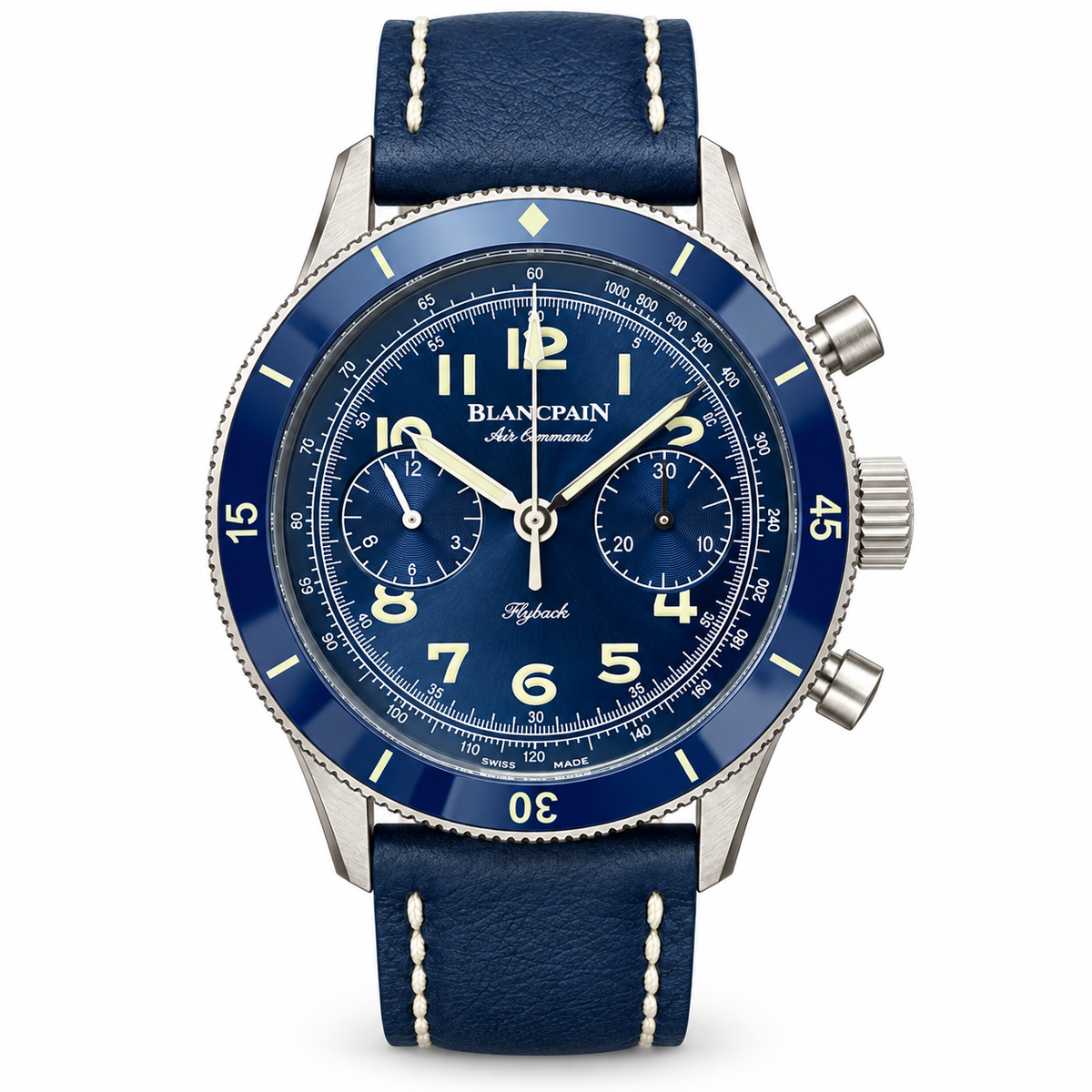 Blancpain Air Command Flyback Chronograph Blue Ceramic Bezel Leather Watch
