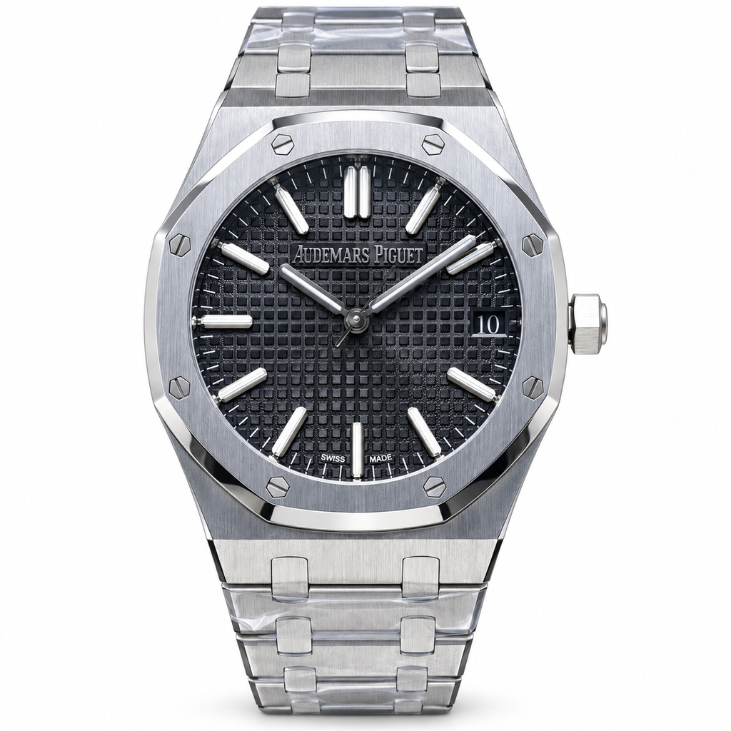 Audemars Piguet Royal Oak Selfwinding 41mm Stainless Steel Black Petite Tapisserie Dial White Gold Indexes Luminescent Hands Date Integrated Bracelet New Generation