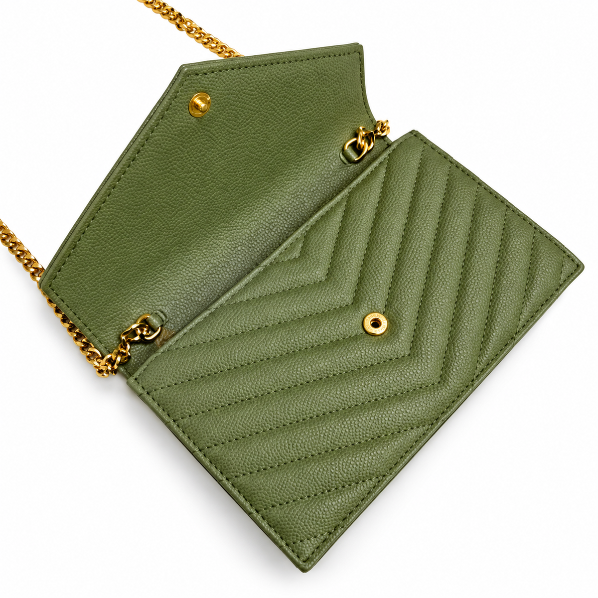 YSL Saint Laurent Envelope Chain Wallet in Sage Green Matelassé Leather