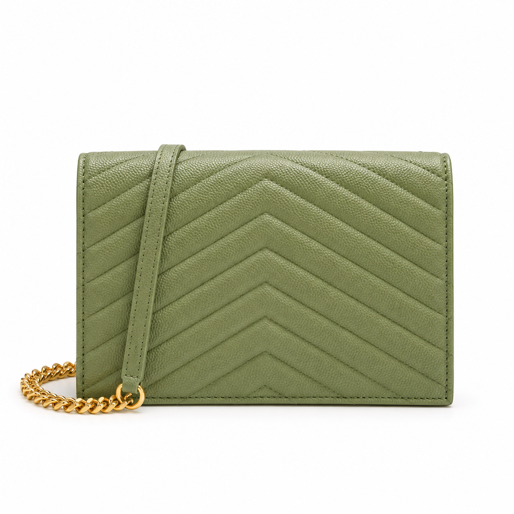 YSL Saint Laurent Envelope Chain Wallet in Sage Green Matelassé Leather