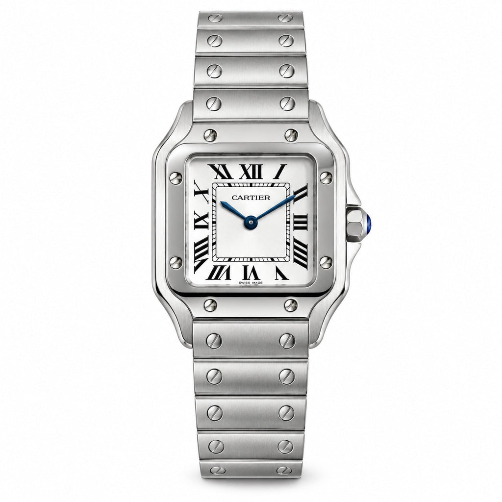 Cartier Santos de Cartier Large Stainless Steel White Dial Roman Numeral Blue Hands Steel Bracelet Automatic Watch