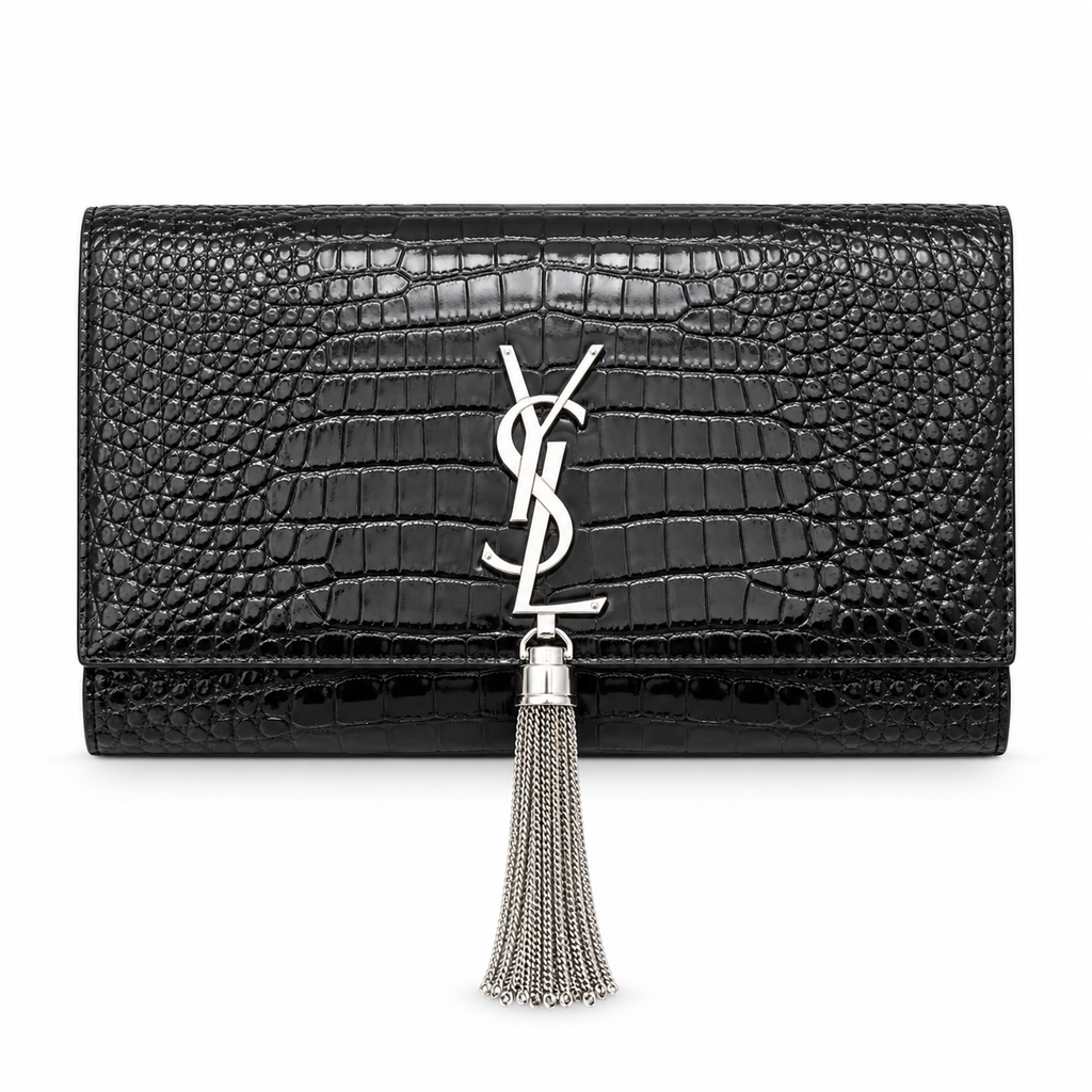 YSL Saint Laurent Kate Clutch Black Croc-Embossed Leather Silver YSL Monogram Tassel