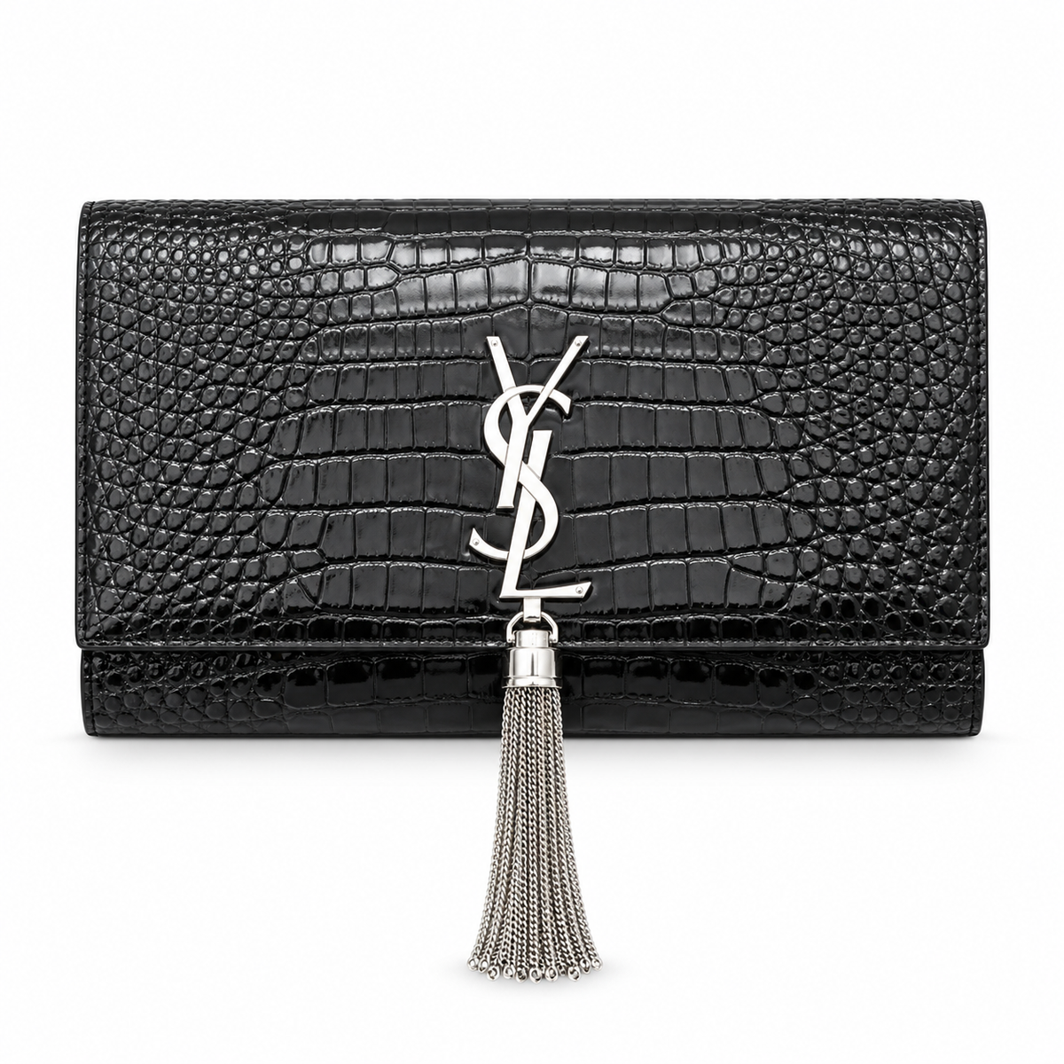 YSL Saint Laurent Kate Clutch Black Croc-Embossed Leather Silver YSL Monogram Tassel