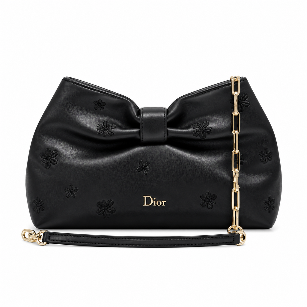 Dior Bow Bag in Black Leather with Floral Embroidery and Gold Chain