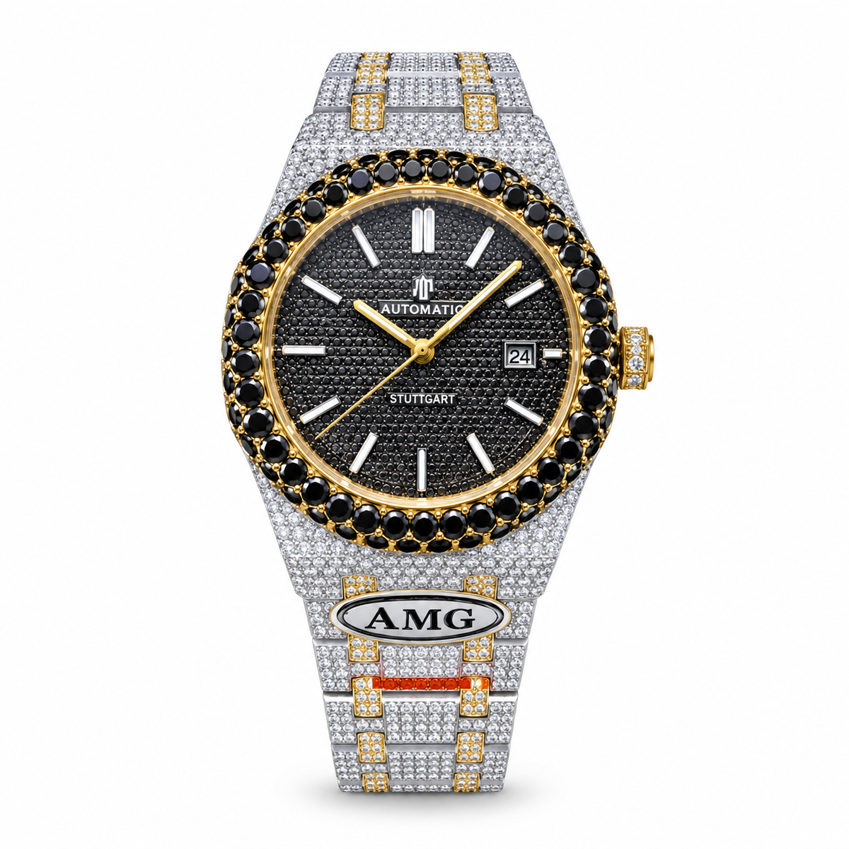 AMG Stuttgart Iced Out Black Diamond Pavé Yellow Gold Bezel Two-Tone Bracelet Custom Automatic Watch