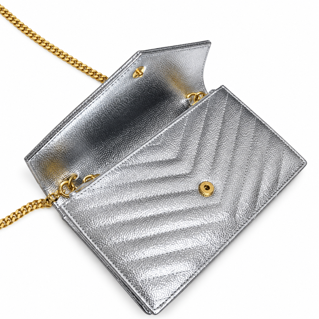 YSL Saint Laurent Envelope Chain Wallet in Silver Matelassé Leather