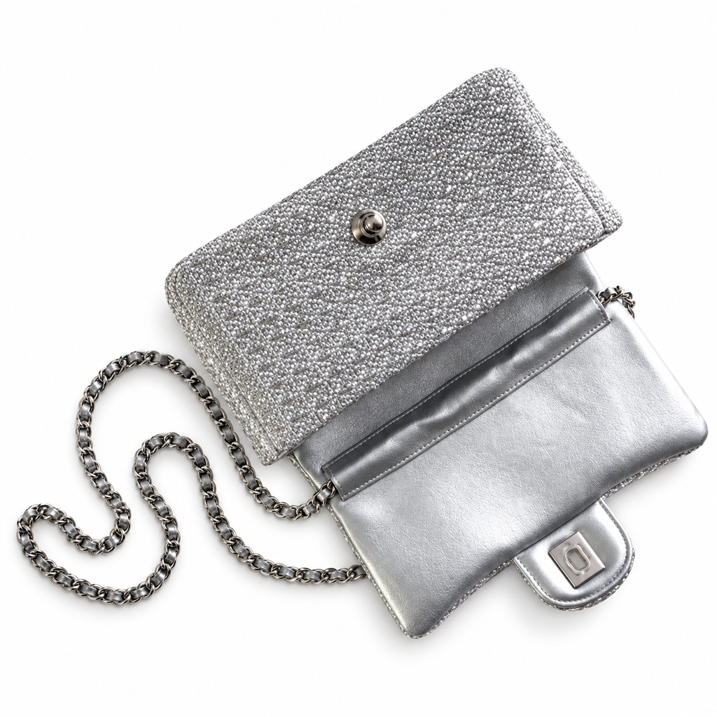 Chanel Silver Crystal Evening Clutch with Chain