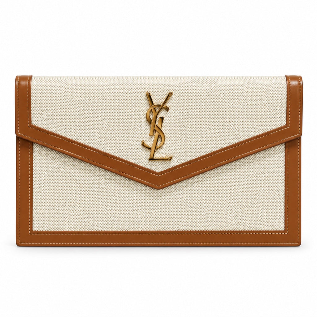 YSL Saint Laurent Cassandre Envelope Clutch Natural Linen Tan Leather Trim Gold YSL Monogram V-Flap