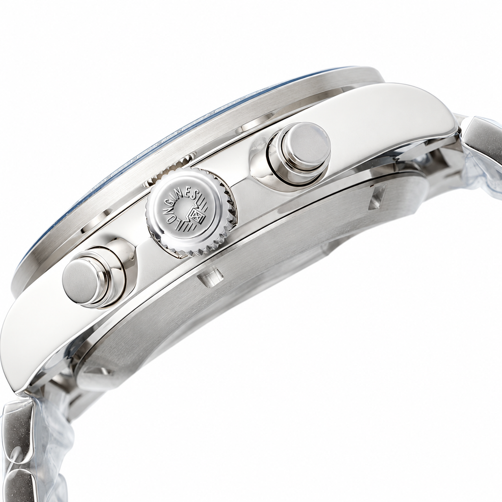 Longines Conquest Automatic Chronograph White Dial Blue Bezel Steel Bracelet