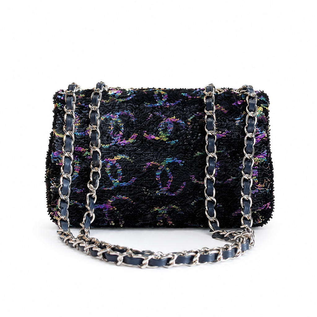 Chanel Classic Flap Bag in Black Holographic Sequin with Silver CC Lock
