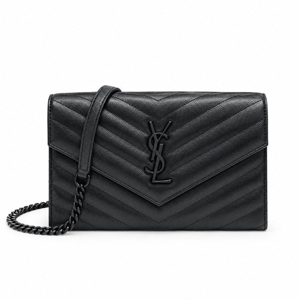 YSL Saint Laurent Envelope Chain Wallet in Black Matelassé Leather