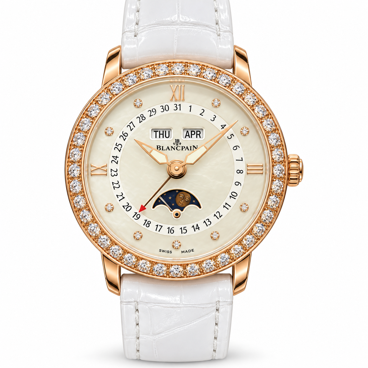 Blancpain Villeret full calendar moonphase rose gold mother-of-pearl dial diamond bezel white alligator strap ladies watch