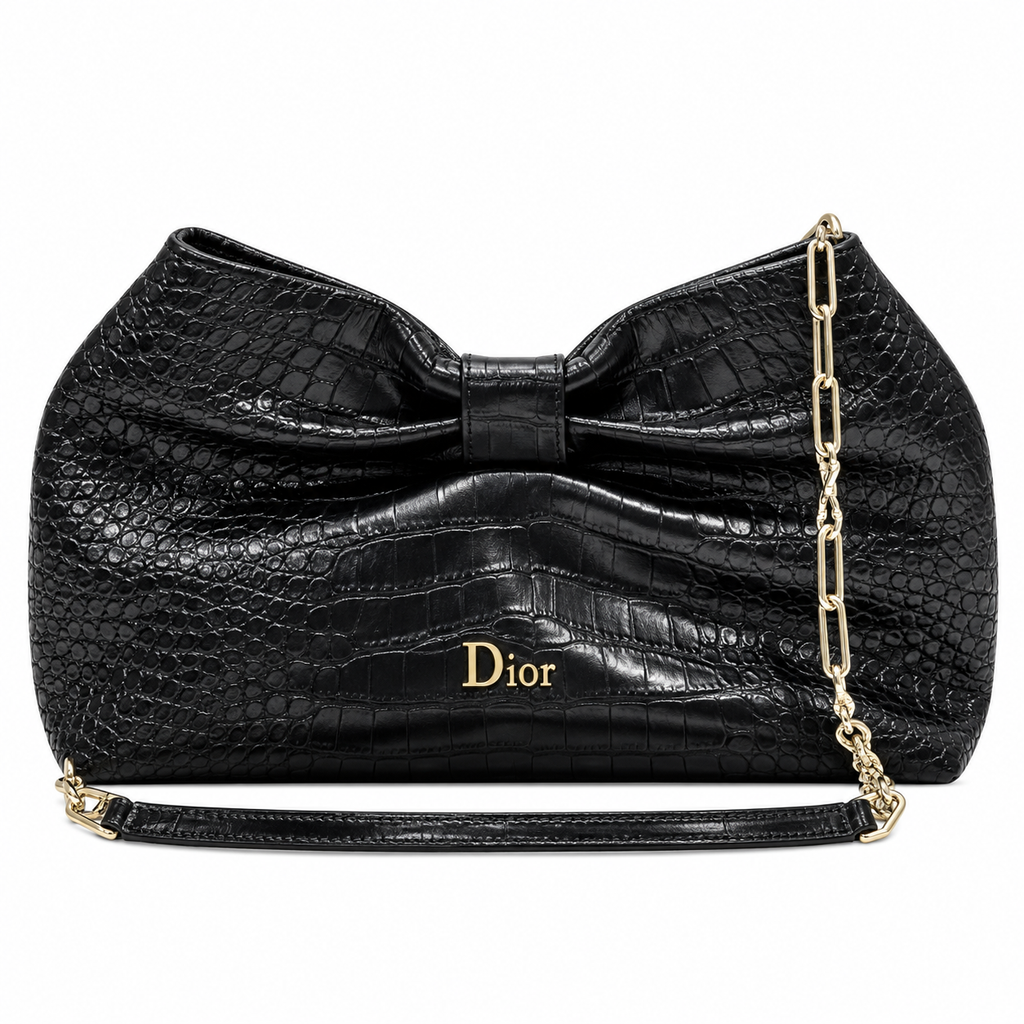 Dior Bow Clutch in Black Crocodile-Embossed Leather with Silver Zip
