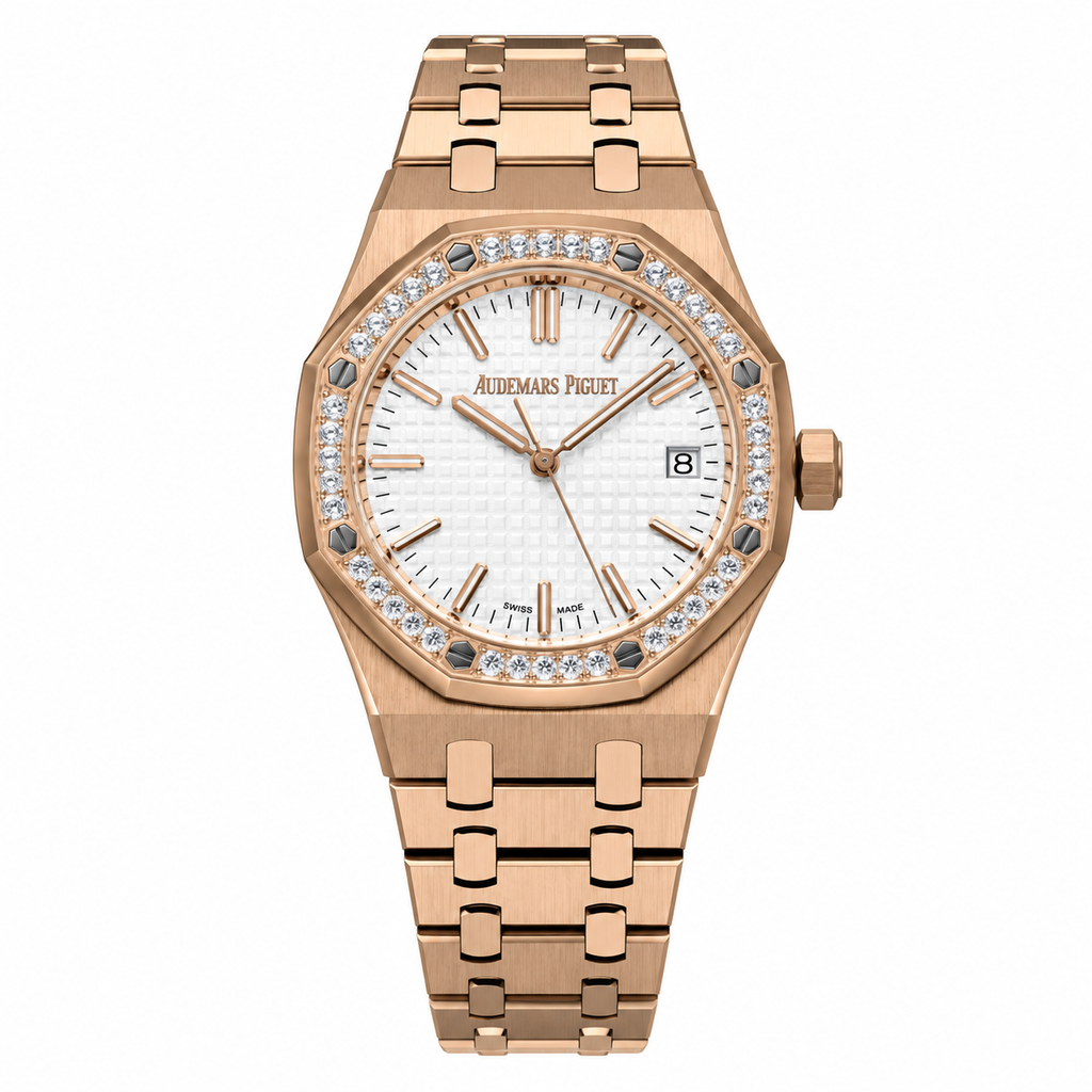 Audemars Piguet Royal Oak 18K Rose Gold Diamond Bezel White Tapisserie Petit-Carreaux Dial Date Integrated Rose Gold Bracelet Ladies Watch