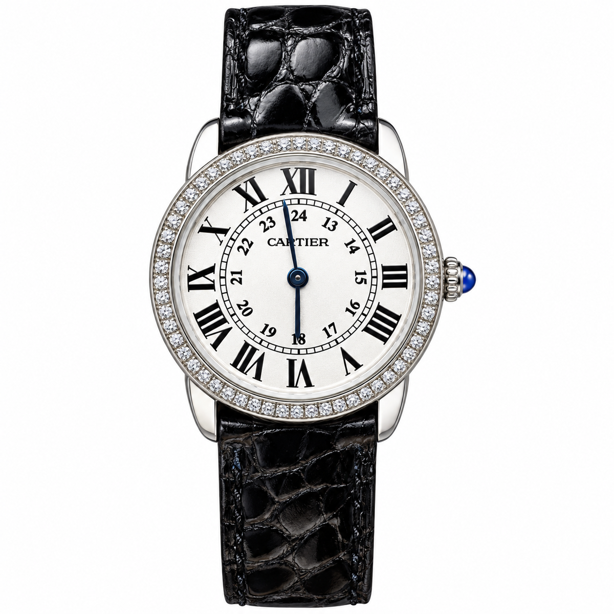 Cartier Ronde Louis Diamond Bezel White Dial Black Strap Watch – KDY