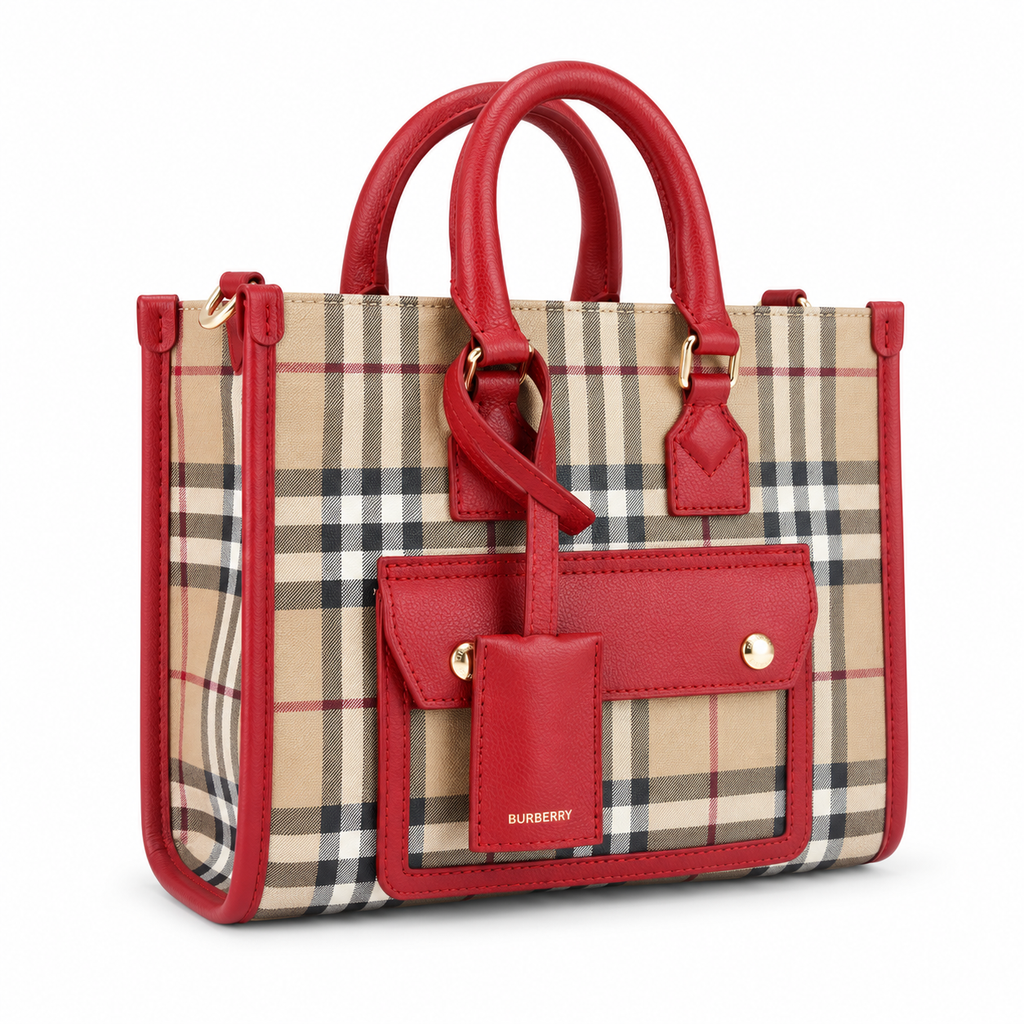 Burberry Check Pocket Tote with Red Trim