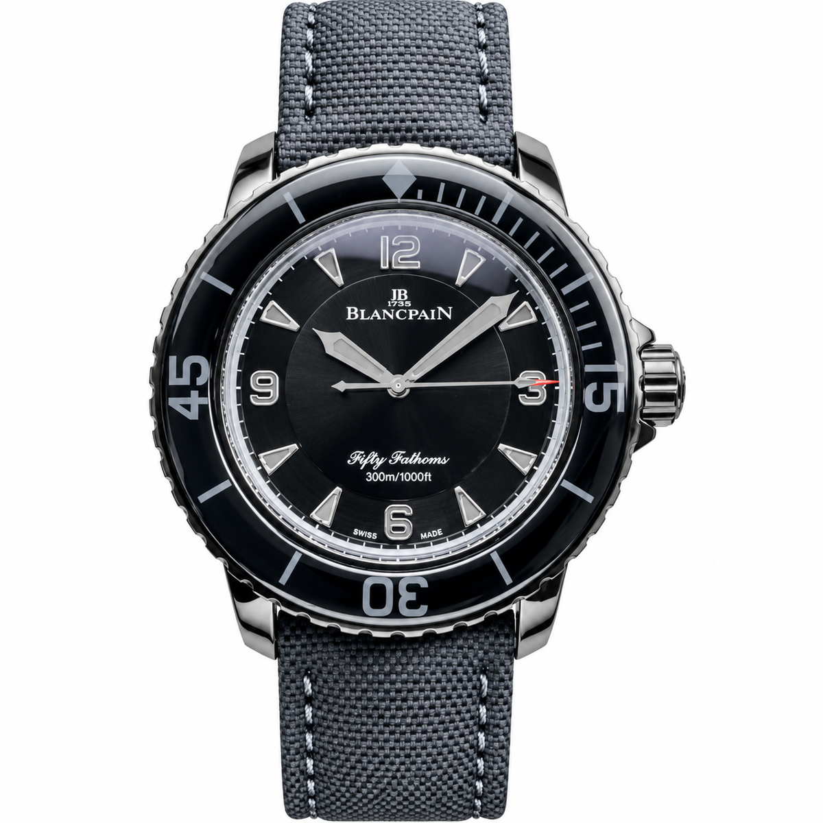 Blancpain Fifty Fathoms black dial black ceramic bezel 300m grey sailcloth canvas strap