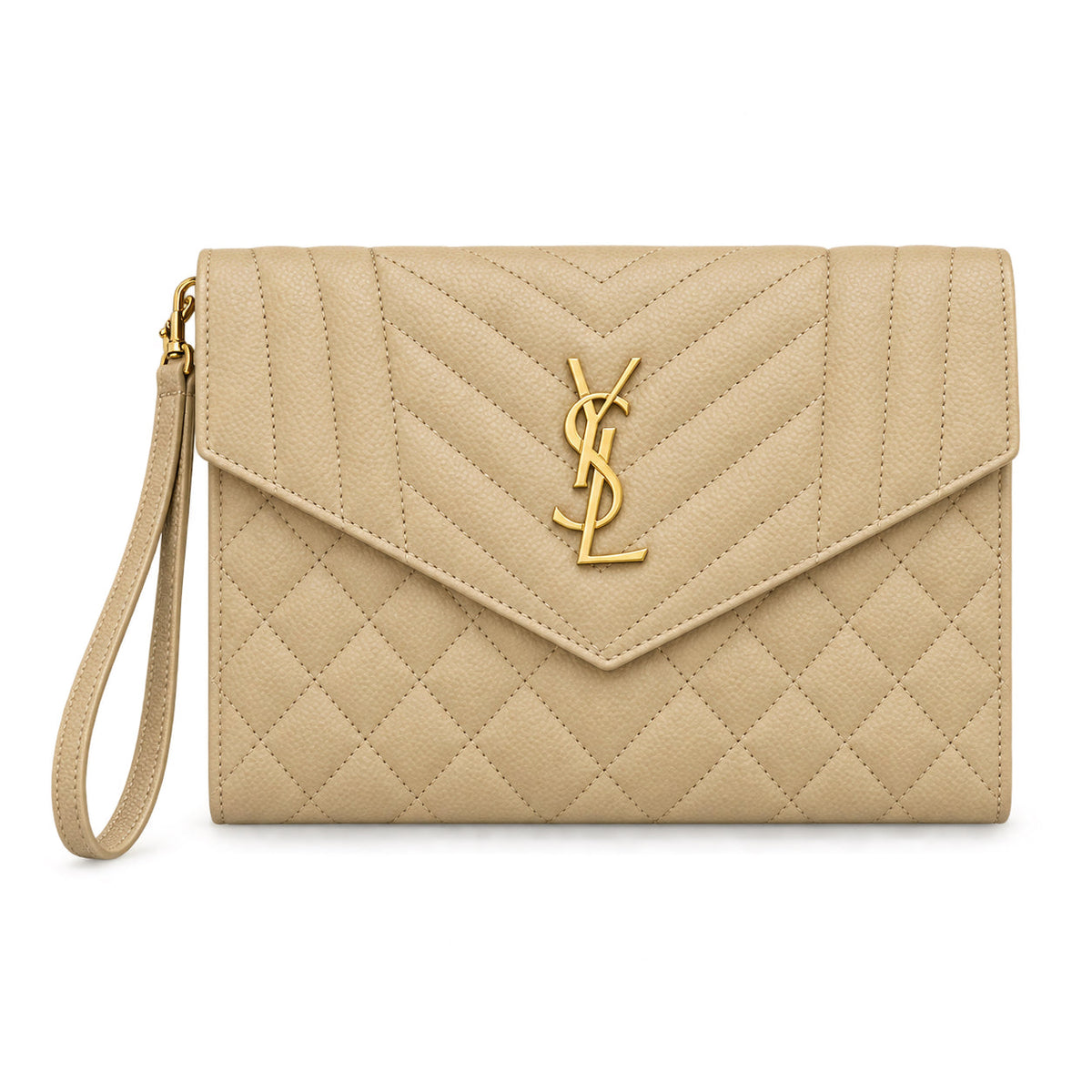 YSL Saint Laurent Envelope Clutch Beige Quilted Leather Gold YSL Monogram Wrist Strap