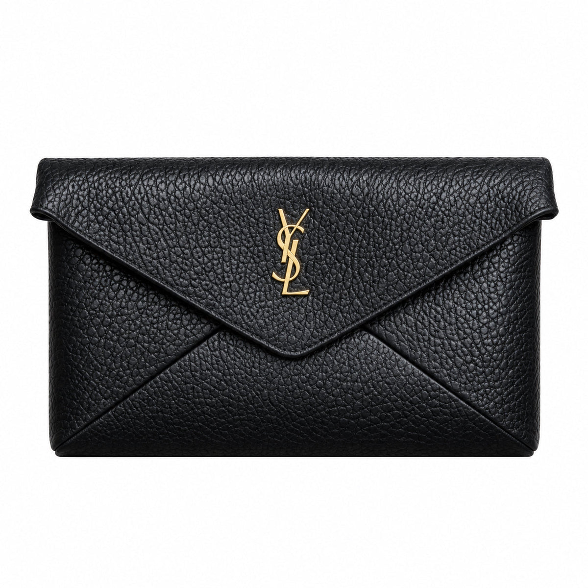 YSL Saint Laurent Cassandre Large Envelope Pouch Black Grained Leather Gold YSL Monogram V-Flap Oversized Clutch