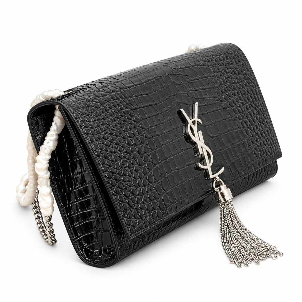 YSL Saint Laurent Kate Clutch in Black Croc-Embossed Leather with Tassel