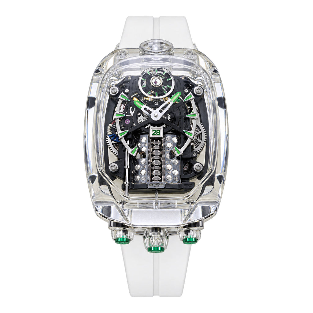 Jacob & Co. x Bugatti Chiron Clear Sapphire Tourbillon Green Accents White Rubber Watch