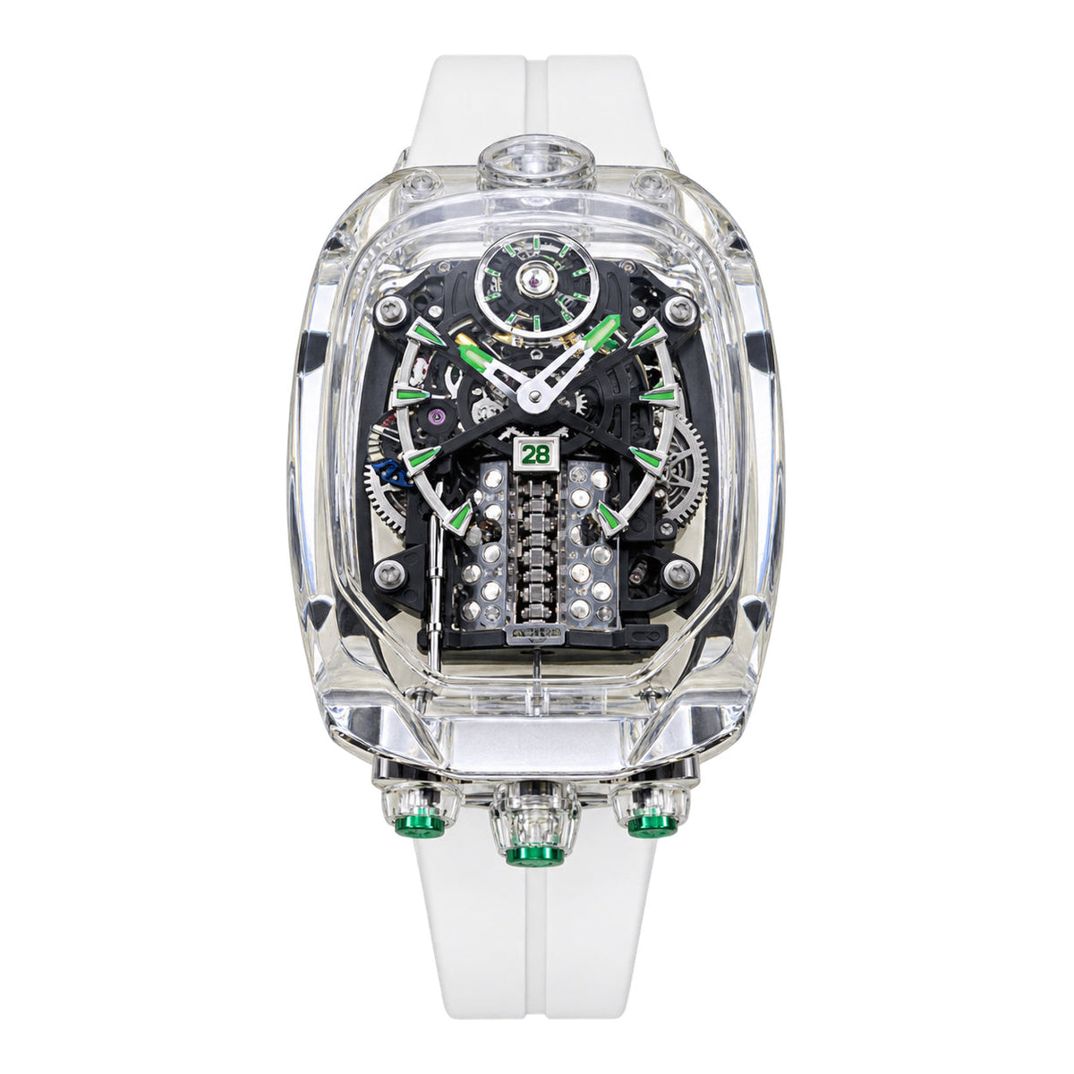 Jacob & Co. x Bugatti Chiron Clear Sapphire Tourbillon Green Accents White Rubber Watch